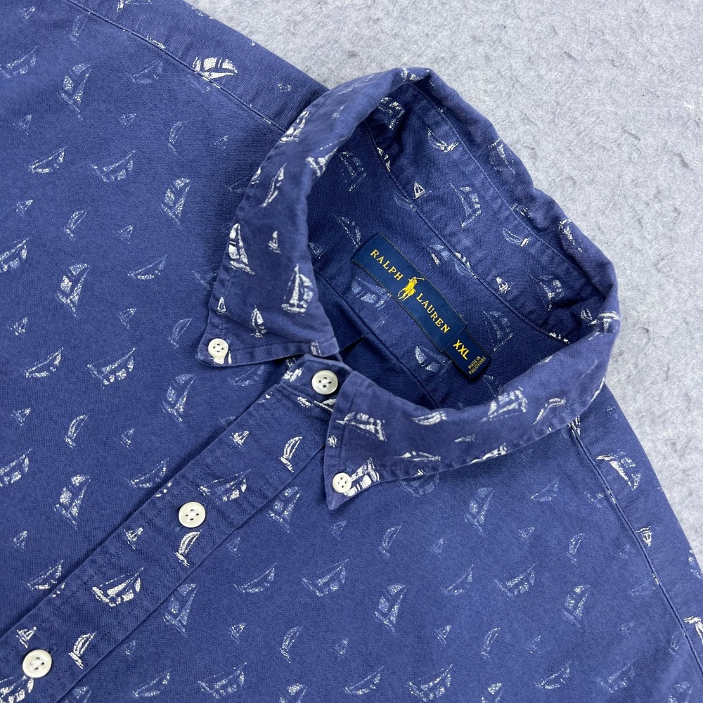 Ralph Lauren Shirt Men's XXL Blue Woven Sailboat AOP Print Boat Sport Button Up
